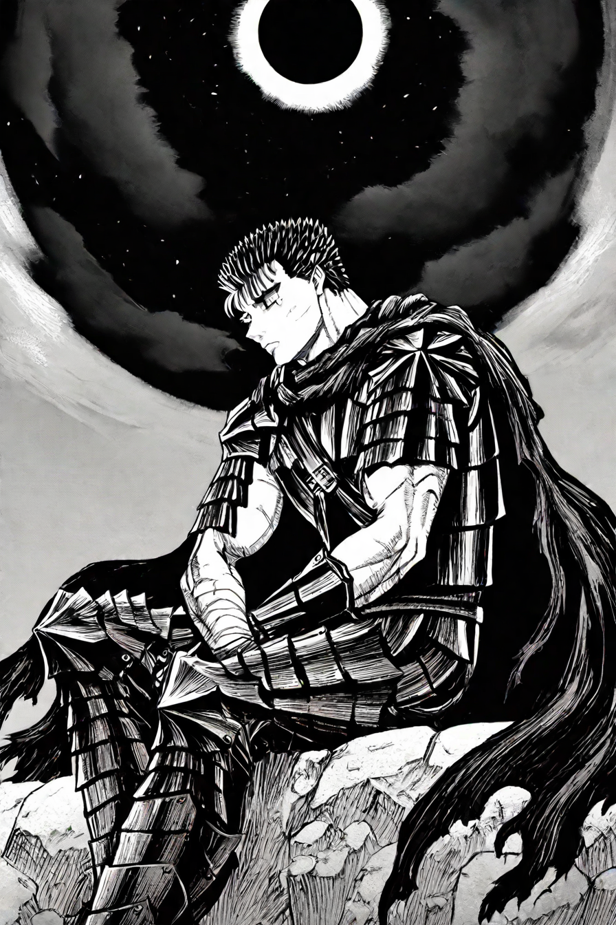 <lora:GutsPdxlDwnsty:0.6>, guts, guts (berserk), brown eyes, short hair, multicolored hair, spiked hair, black armor, shoulder armor, gauntlets, greaves, bandaged arm, black cape, torn cape, scar on nose, one eye closed, muscular male, sitting, 1boy, solo, alone, <lora:kentaro_miura_style_illustriousXL:1>, kentaro_miura_style,  eclipse,  monochrome, greyscale, masterpiece, highres