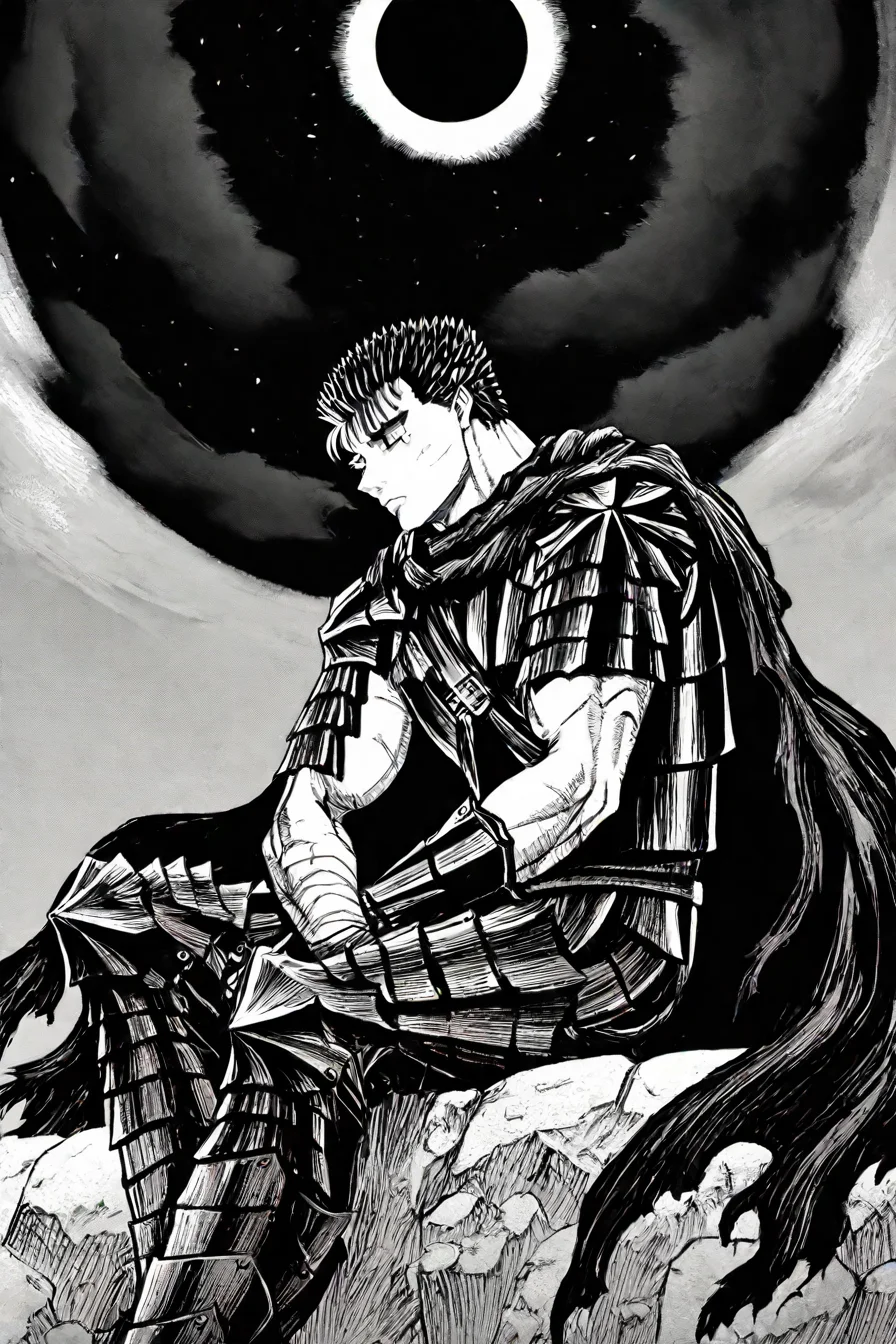 <lora:GutsPdxlDwnsty:0.6>, guts, guts (berserk), brown eyes, short hair, multicolored hair, spiked hair, black armor, shoulder armor, gauntlets, greaves, bandaged arm, black cape, torn cape, scar on nose, one eye closed, muscular male, sitting, 1boy, solo, alone, <lora:kentaro_miura_style_illustriousXL:1>, kentaro_miura_style, eclipse, monochrome, greyscale, masterpiece, highres