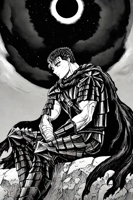 <lora:GutsPdxlDwnsty:0.6>, guts, guts (berserk), brown eyes, short hair, multicolored hair, spiked hair, black armor, shoulder armor, gauntlets, greaves, bandaged arm, black cape, torn cape, scar on nose, one eye closed, muscular male, sitting, 1boy, solo, alone, <lora:kentaro_miura_style_illustriousXL:1>, kentaro_miura_style, eclipse, monochrome, greyscale, masterpiece, highres