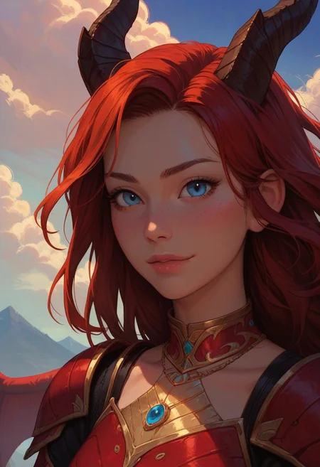 score_9_up, score_8_up, score_7_up, score_6_up, 1girl, 25 years old, perfect face, cute, petite,
detailed face, blush, shy smile, portrait, face focus, depth of field, looking at viewer, close up,
blue eyes, looking at viewer, 
red hair, long hair, floating hair, gold jewelry, gold necklace,  
dragon horns, 
dragon wings, 
fantasy armor, red armor,
flying, 
scenery, mountains, sky, clouds,