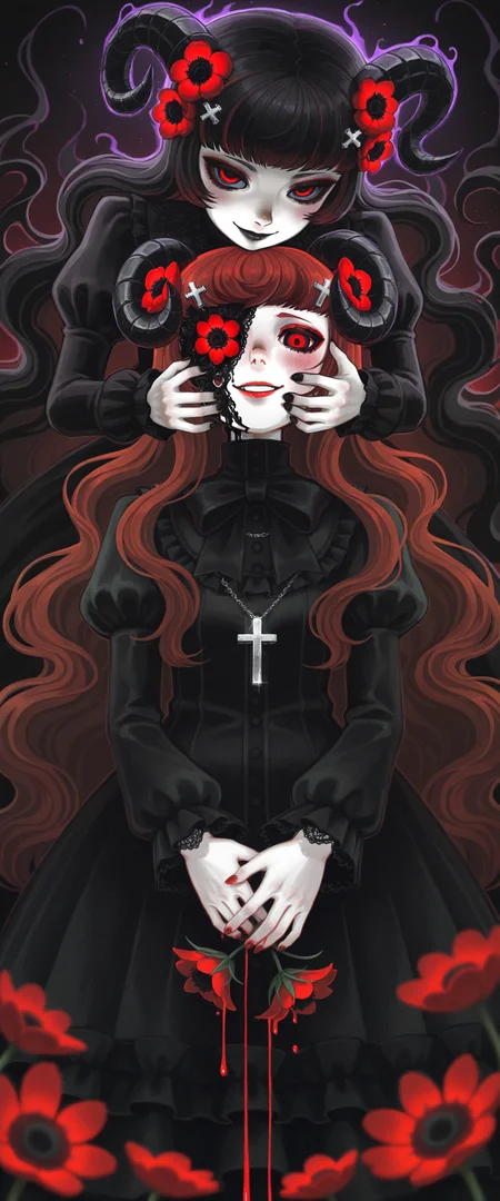 (best quality, masterpiece, dark_aura, magic, magic_user, lens_flare, glint, depth of field, light_particles, abstract, blurry, bokeh, incredibly_absurdres, dutch_angle, painterly, shadows, shaded, DK-illu, k4ni_illu)
(long_hair, dripping, corruption, dark_persona, blush, looking_at_viewer, smile, bangs, detailed_background, black_hair, hair_ornament, long_eyelashes, red_eyes, long_sleeves, bow, 2girls, very_long_hair, standing, flower, short_sleeves, red_hair, frills, horns, puffy_sleeves, hair_flower, black_eyes, nail_polish, hair_over_one_eye, black_dress, puffy_short_sleeves, fingernails, makeup, wavy_hair, lipstick, cross, own_hands_together, pale_skin, red_flower, lace, frilled_sleeves, black_nails, red_nails, gothic, j-fashion, one_eye_covered, red_lips, holding_flower, hands_on_another's_face, covering_eyes, black_lips, hands_on_another's_head)