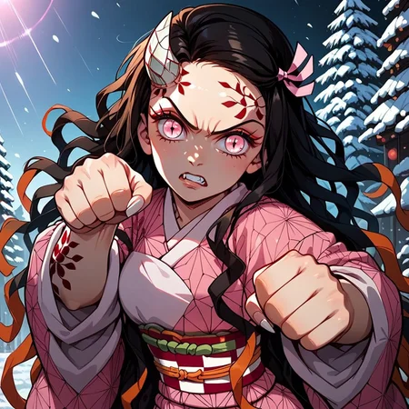 score_10, score_9, score_8, masterpiece, best quality, kawaii girl,
1girl, nezuko kamado, wavy hair, two-tone hair, black hair, hair ribbon, long hair, wavy hair, two-tone hair, multicolored hair, orange hair, forehead, pink eyes, slit pupils,
fang, sharp fingernails, single horn, single horn on side, veins, tattoo,
asa no ha \(pattern\), checkered sash, haori, japanese clothes, kimono, long sleeves, obi, pink kimono, sash, wariza, wide sleeves,
solo , rating_safe, source_cartoon, semirealistic , Expressiveh, (solo), 18 year old girl, confident, angry, clenching teeth, petite, full pouty lips, flawless shiny skin, (full pouty lips), (slim fit), white fingernails, slender body, (large breast), perfect thighs, thigh gap, narrow waist, BREAK,
outdoors, snowy forest, incoming punch, punch, looking at viewer, punching, clenched hand, fist focus
dynamic angle