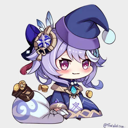 score_9, score_8_up, score_8, ,,, zzPadoru, qiqi_(genshin_impact) , 1girl, blush, simple background, hair ornament, long sleeves, white background, dress, holding, closed mouth, standing, purple eyes, full body, purple hair, twitter username, blue dress, wavy mouth, blue headwear, holding sack, coin hair ornament, ,<lora:PadoruMemePDXL:1.0>, ,,, smile, looking at viewer, ,,, embedding:zPDXL, <lora:SDXLFaeTastic2400:0.5>,