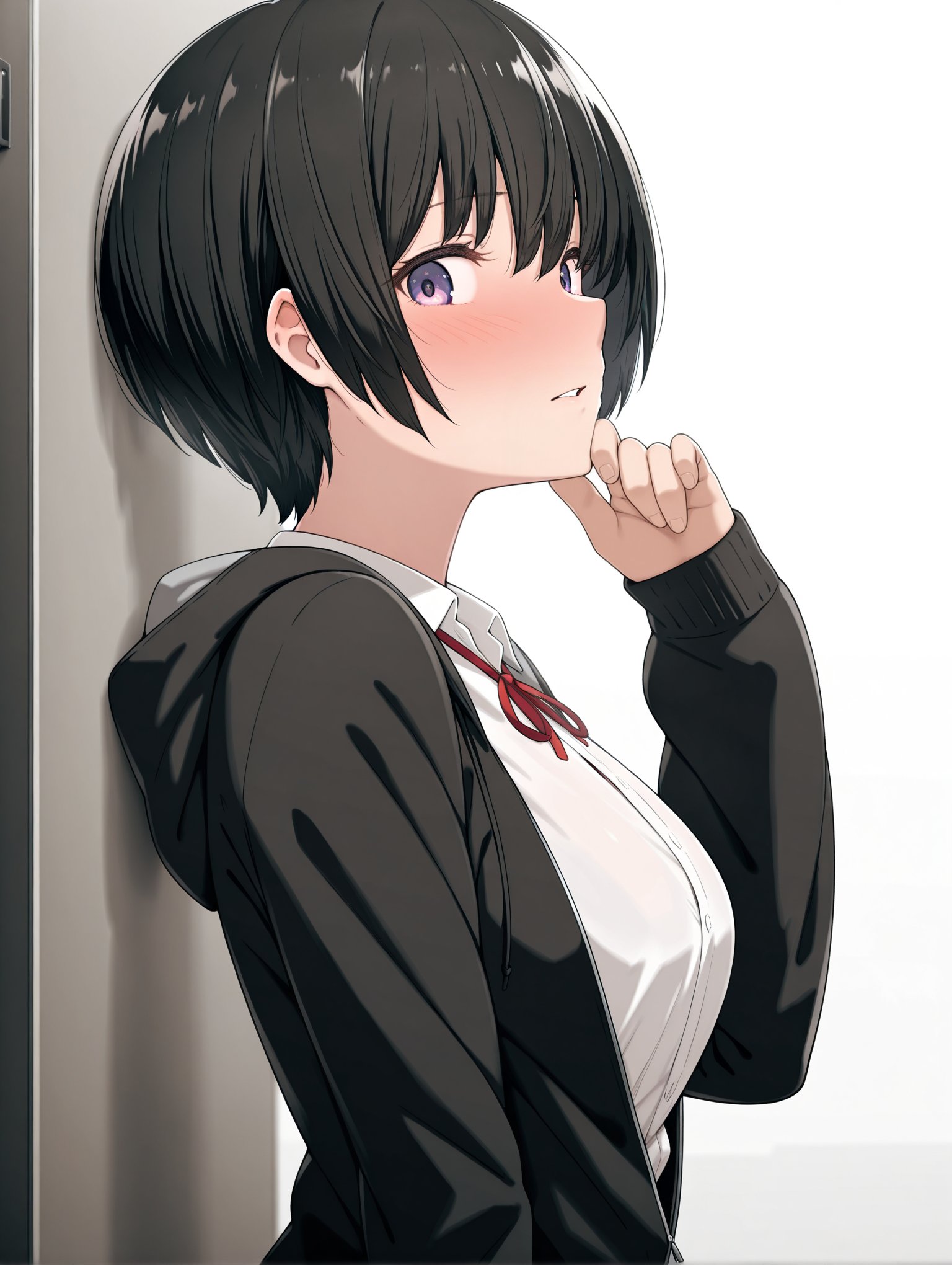 masterpiece,best quality,newest,
1girl,solo,
<lora:k_short_ilxlv1.2:1>,k_short,black hair,bob cut,purple eyes,hair between eyes,
white shirt,red ribbon tie,black jacket,
<lora:Fixhands_anime_bdsqlsz_V1:1>,profile,upper_body,white_background,simple_background,looking_at_viewer,light_blush,embarrass,