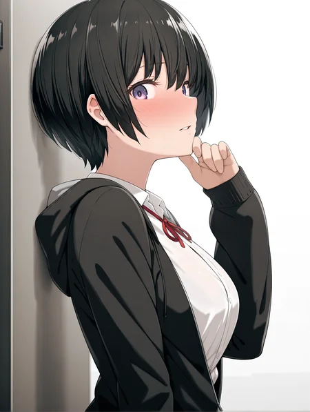 masterpiece,best quality,newest,
1girl,solo,
<lora:k_short_ilxlv1.2:1>,k_short,black hair,bob cut,purple eyes,hair between eyes,
white shirt,red ribbon tie,black jacket,
<lora:Fixhands_anime_bdsqlsz_V1:1>,profile,upper_body,white_background,simple_background,looking_at_viewer,light_blush,embarrass,