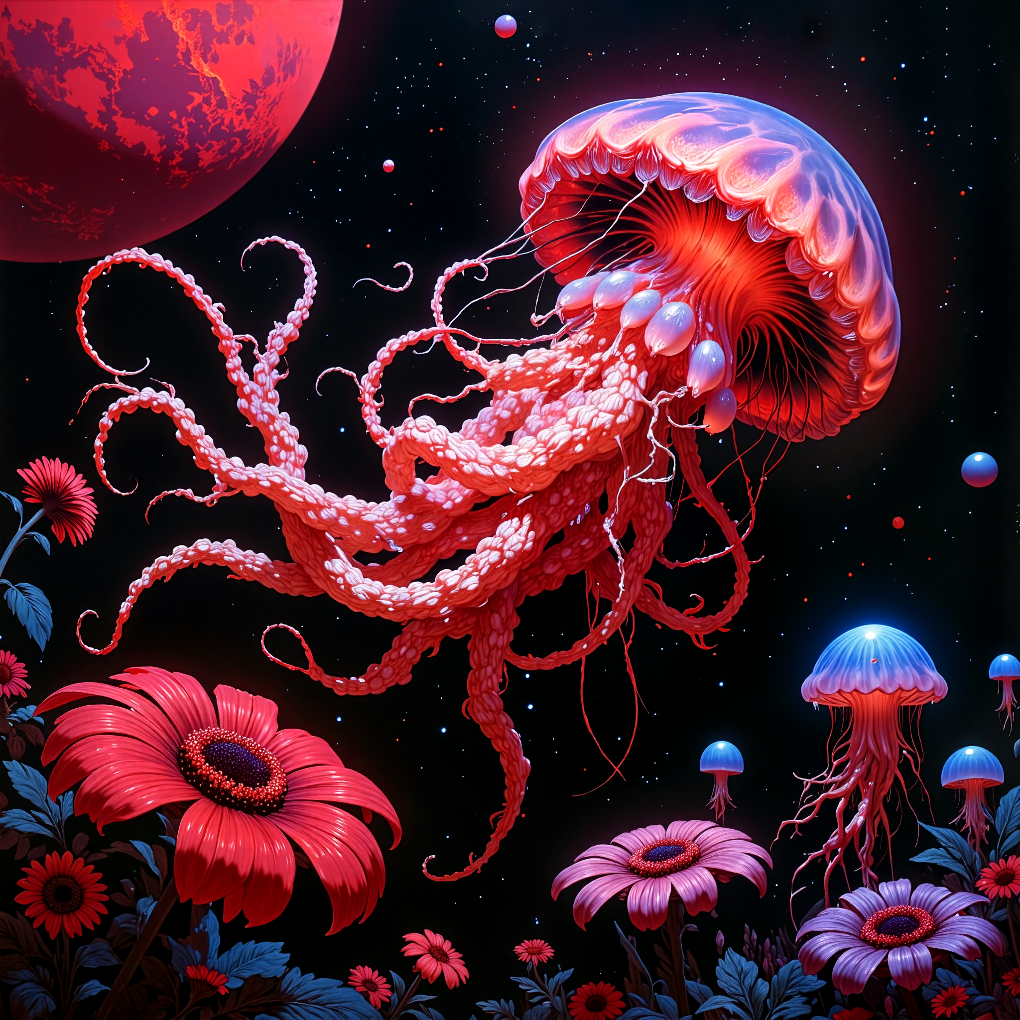 eldritch and otherworldly scenery on a distant planet, very aesthetic, extremely detailed, masterwork, golden ratio, famous artwork inspired by ori and the blind forest and michael parkes, among the vibrant globbershmoggled flora of planet "new flimflam", the brightly luminescent, jellyfish-like "panicky beldslad" with tendrils of glowing rofflegobler drifts slowly through the air, emitting strange flinchtorbling cosmic energy light that seems to karbel across the multiverse, a creature with symmetrical anatomy, perfect proportions, detailed expressive eyes, dappled lighting, the color palette is predominantly wine red and obsidian black and eggshell white and peacock blue, ovg, style of rembrandt, <lora:style-oil_painting-flux-by_leporello:0.24> <lora:style-rembrandt-flux-by_tangbohu:0.6> <lora:style-fantastic_landscapes-flux-by_artifyai:0.36>