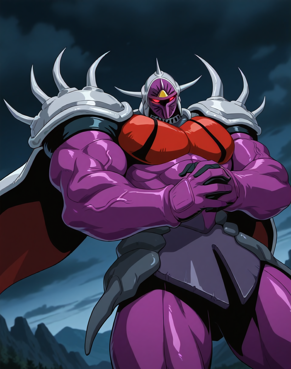 <lora:Lanacuras_(Shinzo)_(Illustrious)_(AD):1> Lanacuras, muscular, Shinzo, 
exterior, vivid anime dark sky with black clouds, mountains, nature, end of the world background, fighting, 
dynamic action, dutch angle, cowboy shot, detailed face, detailed eyes, glowing red eyes, 
hyper muscular, end boss, large wide rounded protruding pecs, bulging muscles, large rounded muscular shoulders, large biceps, large thighs, abs, red pecs, perfect hands, peak physical conditioning, pinnacle of manly perfection, perfect physique, veiny muscles, commanding oppressive presence, 
BREAK: very awe, aesthetically pleasing, masterpiece, best quality, amazing quality, very aesthetic, perfect depth of field shot, 
BREAK: lazympos, lazypos (2),