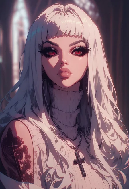 score_9, score_8_up, score_7_up, score_6_up,
SHSLG, 1girl, solo, long hair, white hair, tattoo, looking at viewer, necklace, cross, portrait, bangs, red eyes, closed mouth, turtleneck, blurry background, lips, piercing, blurry, eyelashes, puffy lips
