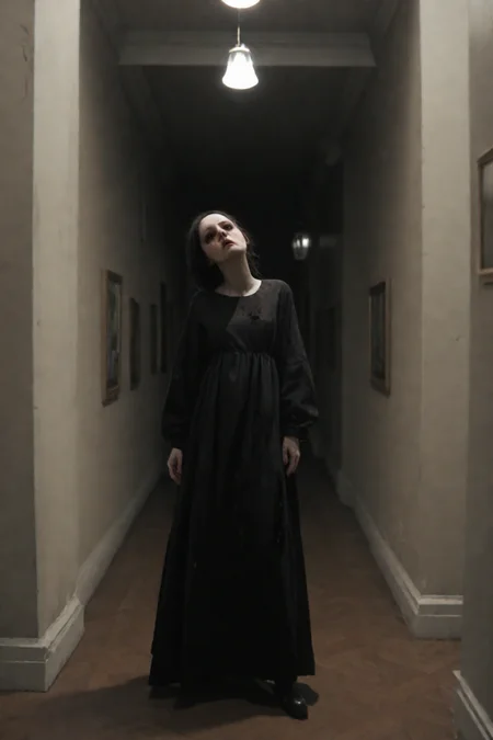 score_9, score_8_up, score_7_up, BREAK .
First-person view, long narrow corridor, dimly lit hallway, ominous atmosphere, single light fixture hanging from ceiling, warm sepia tones, dark shadows, silhouette of a woman standing at the end of the hallway, long dress or coat, slight blur effect, high contrast between light and dark areas, cinematic composition, horror movie aesthetic, hyper-realistic textures, 8k resolution.
 <lora:P.T_SILENT_HILLS:1>silenthillspt style.