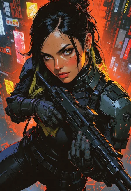 magnificent, closeup portrait, female bounty hunter, braided black hair, two tone hair, blonde highlights in hair, futuristic armor, sci-fi, sleek armored bodysuit, shoulder plates, hip plates, sexy, curvy, large breasts, large ass, rifle, aiming rifle, pointing rifle, Cyberpunk City, Neon Lights, foreshortening, neck tattoo, large breasts,
looking at viewer, solo, smirk, cocky smirk, godrays, raytracing,
Cowboy Shot, close up, from above,