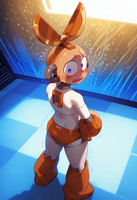 score_9, score_8_up, score_7_up, solo male, no humans, rear view, looking back, cutman, blue eyes, robot joints, skinny neck, S2Z0n1c21.5XL style, blush, embarrassed, wide eyed, shocked, eye scar, motion lines, shy, short, small, skinny, petite, open mouth,  shortstack, femboy, big butt, thick thighs, (skinny, petite:1.2), orange speedo, orange gloves, orange boots, 
masterpiece, extreme detail, best quality, hand on hip, squeezing butt, flying sweatdrops, motion lines, trembling, 
psychedelic background, pattern background, neon lights, spotlight, shadow, office interior, perfect lighting, detailed shading, high-angle view, zPDXL3
