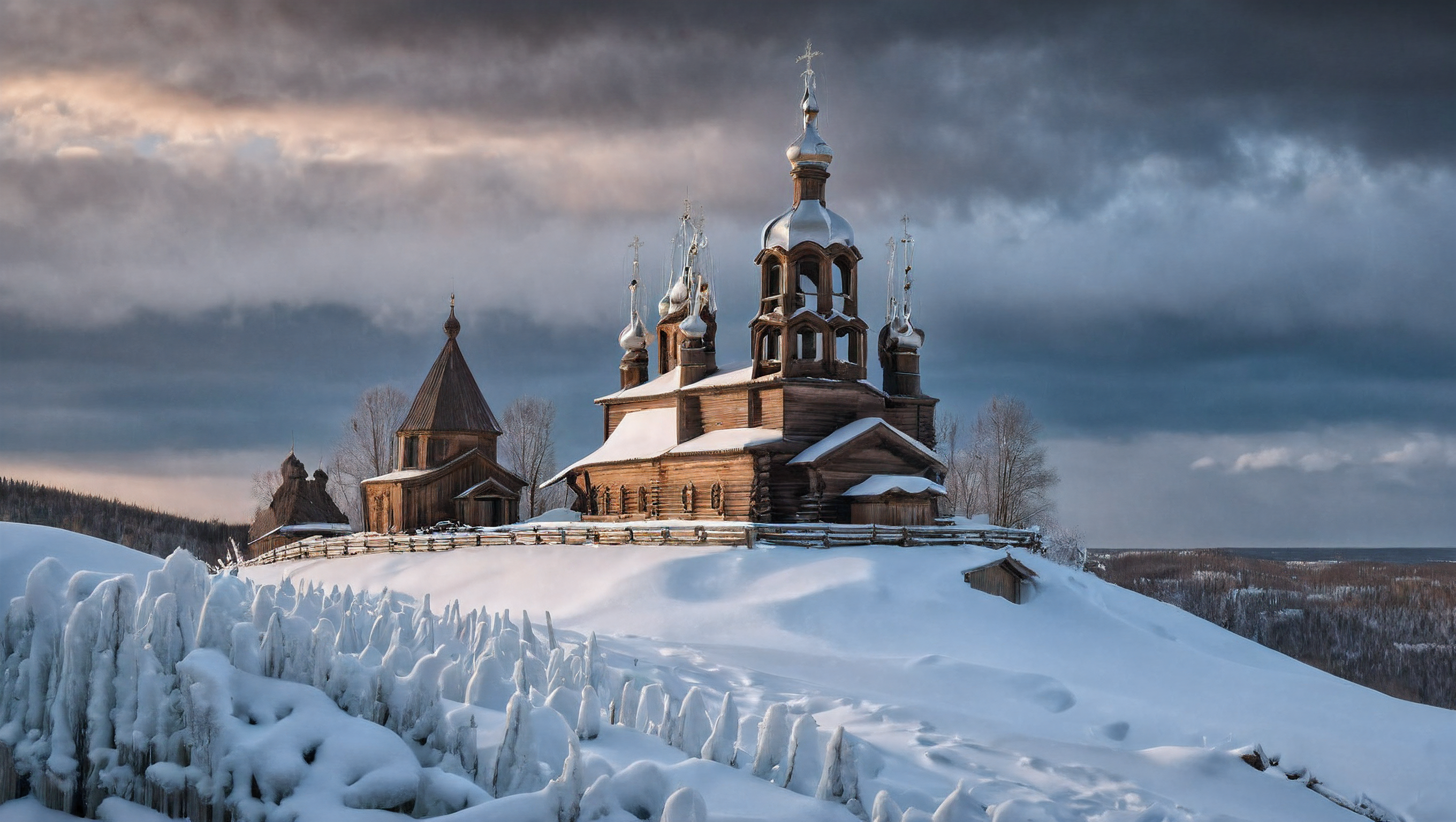 CINEMATIC SHOT, professional photo by Caravaggio of  wild nature, Russia, winter, snow, wooden church on the hill above the wooden village, icicles, dramatic clouds, rule of thirds, view from surface,  (by Christopher Nolan:1.4),F11,(DOF, Cinematic Color grading, intricate, hyper realistic, detailed, flickr, cinematic lighting)    <lora:Wild_nature_XL:1>