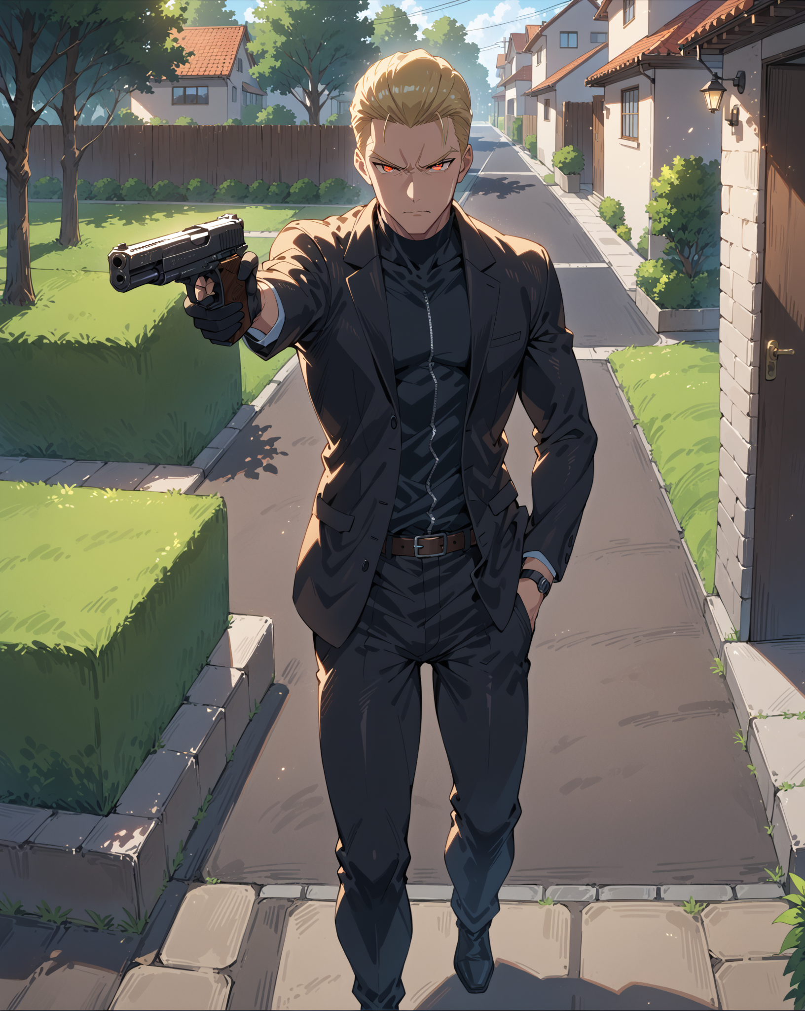 score_9, score_8_up, score_7_up, score_6_up, source_anime, rating_explicit, ah1, best quality, (masterpiece:1.4), (high quality:1.4), sharp focus, 4k, absurd resolution, <lora:albertwesker-guy-PONYv1:0.8> albertwesker, albert wesker, 1boy, solo, blonde, black gloves, sunglasses, belt, pants, black coat, black pants, looking at viewer, toned, athletic, fit, slicked back hair, black turtleneck, zipper, mature male, (graphene textured clothes), black boots, (a quiet suburban street, with well-kept lawns, family homes, a peaceful atmosphere), bad-hands-5, ((nervous expression)), <lora:xl_more_art-full_v1:0.4>, <lora:shinyskin2:0.3> glistening skin, <lora:aesthetic_anime_v1s:0.4>, <lora:Expressive_H:0.4> Expressiveh, <lora:hairdetailpxl:0.4> hairdetailpxl, <lora:EpicF4nta5yXL:0.4>, <lora:detailxl:0.4> detailxl, <lora:Fant5yP0ny:0.4>, (focused, intense glare), slit pupils, short hair, (reddish orange eyes), <lora:YusufDikecGunPose_pdxl_Incrs_v1:0.8> ((holding weapon, holding gun, handgun, hand in pocket, aiming)), full body, illustration, Volumetric_Lighting, ultra-detailed, very aesthetic, intricate details, absurdres, 8k, masterpiece, best_quality,