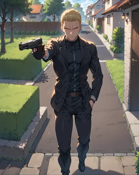score_9, score_8_up, score_7_up, score_6_up, source_anime, rating_explicit, ah1, best quality, (masterpiece:1.4), (high quality:1.4), sharp focus, 4k, absurd resolution, <lora:albertwesker-guy-PONYv1:0.8> albertwesker, albert wesker, 1boy, solo, blonde, black gloves, sunglasses, belt, pants, black coat, black pants, looking at viewer, toned, athletic, fit, slicked back hair, black turtleneck, zipper, mature male, (graphene textured clothes), black boots, (a quiet suburban street, with well-kept lawns, family homes, a peaceful atmosphere), bad-hands-5, ((nervous expression)), <lora:xl_more_art-full_v1:0.4>, <lora:shinyskin2:0.3> glistening skin, <lora:aesthetic_anime_v1s:0.4>, <lora:Expressive_H:0.4> Expressiveh, <lora:hairdetailpxl:0.4> hairdetailpxl, <lora:EpicF4nta5yXL:0.4>, <lora:detailxl:0.4> detailxl, <lora:Fant5yP0ny:0.4>, (focused, intense glare), slit pupils, short hair, (reddish orange eyes), <lora:YusufDikecGunPose_pdxl_Incrs_v1:0.8> ((holding weapon, holding gun, handgun, hand in pocket, aiming)), full body, illustration, Volumetric_Lighting, ultra-detailed, very aesthetic, intricate details, absurdres, 8k, masterpiece, best_quality,