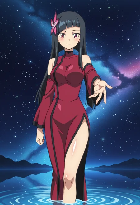 <lora:Xiaomei:1>, Xiaomei, 1girl, solo, long hair, black hair, blunt bangs, hair ornament, red eyes, medium breast, red dress, detached sleeves, side slit, standing, legs together, hand reaching toward viewer, looking at viewer, blush, light smile
BREAK
outside, water, dark sky, space, stars
BREAK
anime screencap, anime coloring, anime colored background, detailed background, detailed face, shiny skin, shiny hair, absurdes, highres, dynamic pose, masterpiece, best quality, official art, cel shaded, graphic illustration, digital painting, CGI, very detailed, amazing quality, intricate details, dynamic pose, HDR, UHD, 8K, Fineline illustration, Highly detailed, ultra-fine painting, sharp focus, Professional, Vivid Colors <lora:add-detail-xl:1> <lora:DetailedEyes_V3:1> <lora:hand 5.5:1>