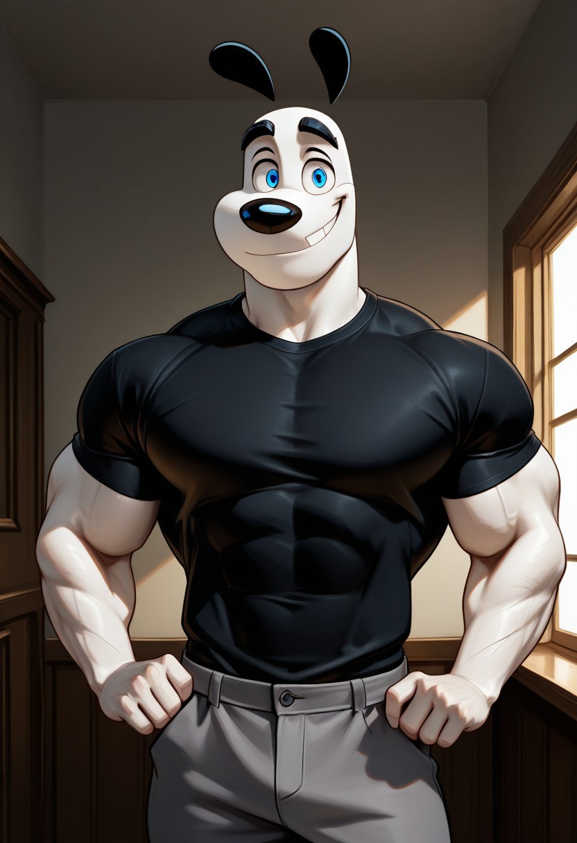 Masterpiece, best quality, high quality, detailed, DudleyPuppy, male, solo male, 1boy, broad shoulders, mature male, blue eyes, athletic build, muscular male, black ears, black eyebrows, animal ears, white body, big eyebrows, black shirt, round snout, half body, gray pants, indoors, looking at viewer, smiling