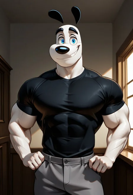 Masterpiece, best quality, high quality, detailed, DudleyPuppy, male, solo male, 1boy, broad shoulders, mature male, blue eyes, athletic build, muscular male, black ears, black eyebrows, animal ears, white body, big eyebrows, black shirt, round snout, half body, gray pants, indoors, looking at viewer, smiling
