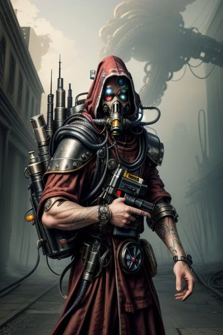 ((masterpiece,best quality)), absurdres, BREAK
mechanical arms, robes, hood, BREAK
((techpriest)), cyborg, mechanical face, mechanical limbs, gas mask, mechanical tentacles, (mechanical backpack), BREAK
1other, solo, holding pistol, firearm, handgun, pistol, gun, BREAK
factory background, smoggy sky, air pollution, smokestacks, BREAK
(internet horror face)