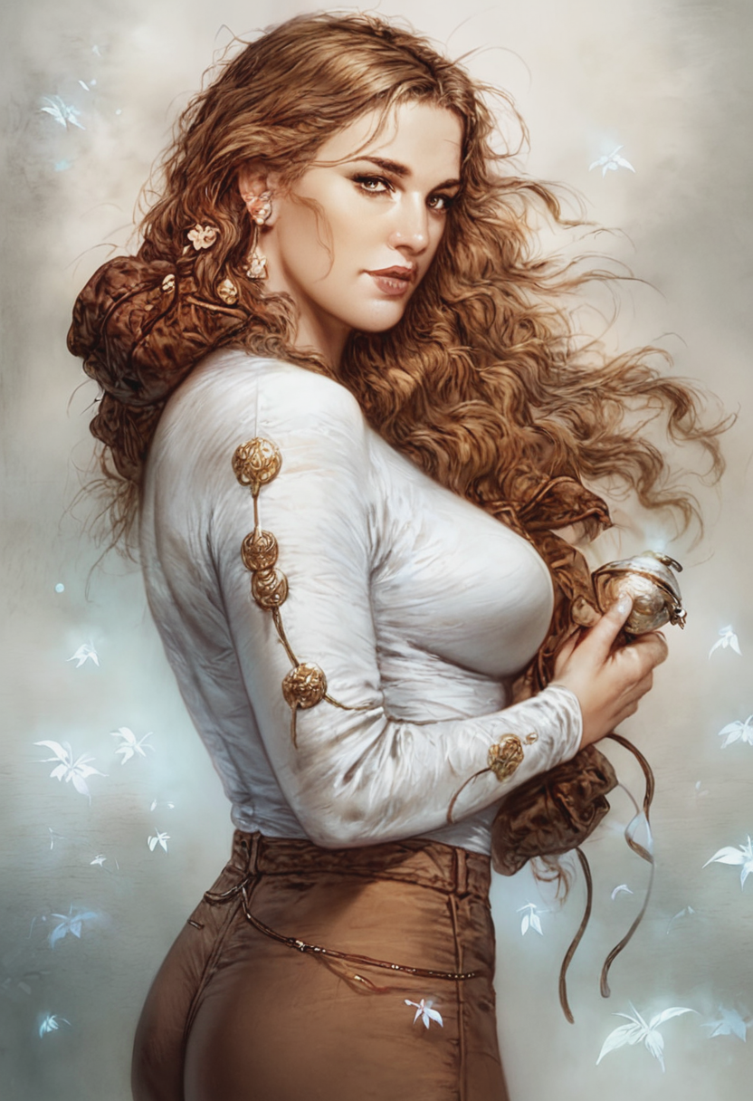 score_9, score_8_up, score_7_up, 1girl, mature_female, large_breasts, portrait, solo, looking_at_viewer, Pretending to struggle with an invisible wind, from_behind, (Periwinkle Parachute Pants), Golden Brown hair, cut-in, rating_safe, <lora:pony\artist_styles\luis_royo_pony:1.0>