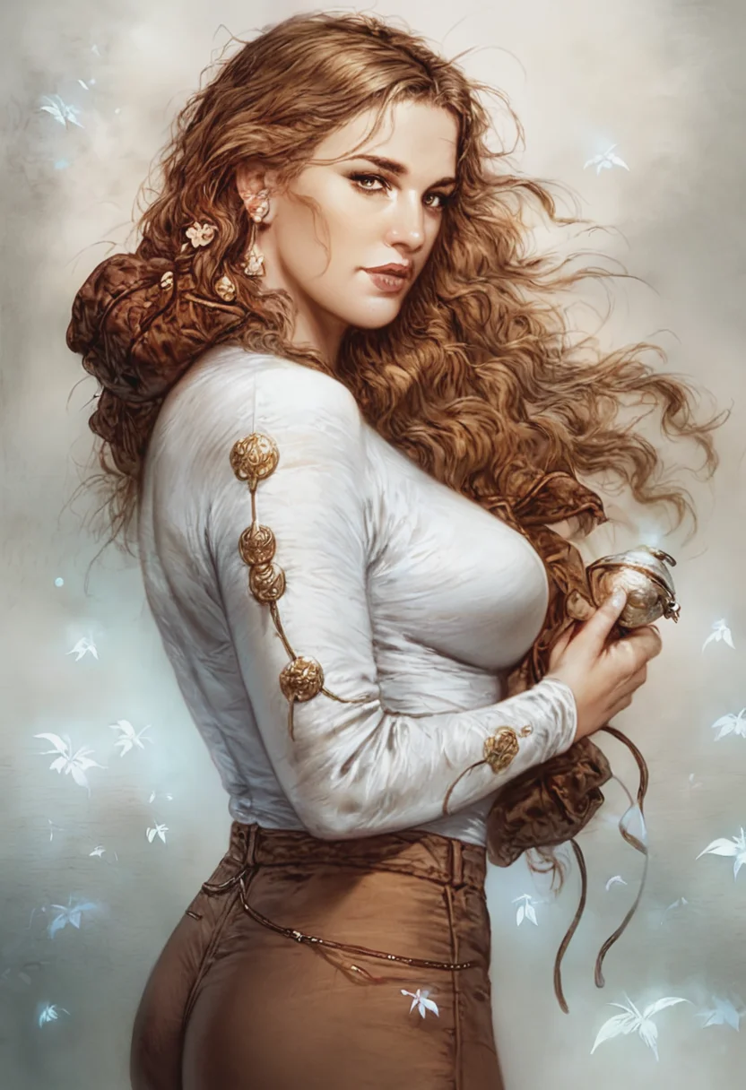 score_9, score_8_up, score_7_up, 1girl, mature_female, large_breasts, portrait, solo, looking_at_viewer, Pretending to struggle with an invisible wind, from_behind, (Periwinkle Parachute Pants), Golden Brown hair, cut-in, rating_safe, <lora:pony\artist_styles\luis_royo_pony:1.0>
