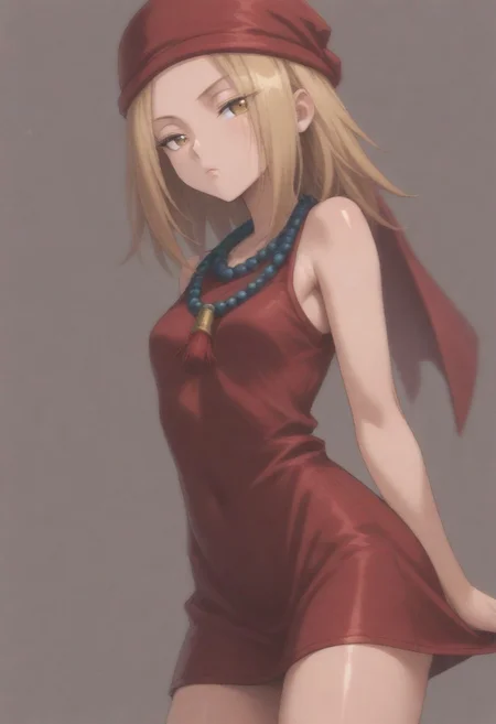 masterpiece, best quality, amazing quality,,, shiny skin,,,,,kojiann, short hair, blonde hair, brown eyes, short dress, sleeveless, bead necklace, red bandana, bracelet, <lora:Anna IXL 2-000013:1>
