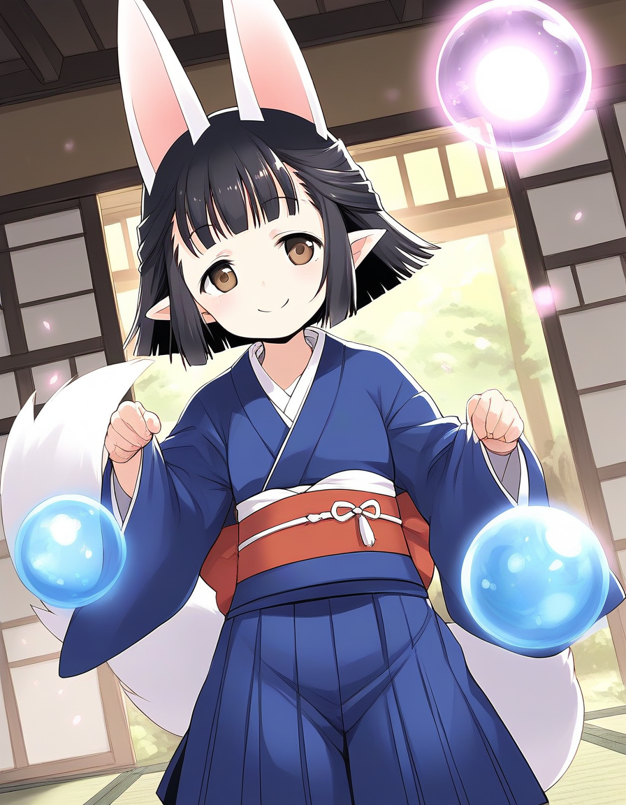 score_9, score_8_up, score_7_up, source_anime, rating_explicit, BREAK  <lora:Hasaha_Ver2.0_XL:1> Hasaha, animal ears, black hair, brown eyes, pointy ears, short hair, white tail, short stack,
japanese clothes, blue kimono, long hakama, crystal ball,  sash, obi,  orb,
Japanroom, tatami,
smile, aura,
looking at viewer, 
cowboy_Shot,