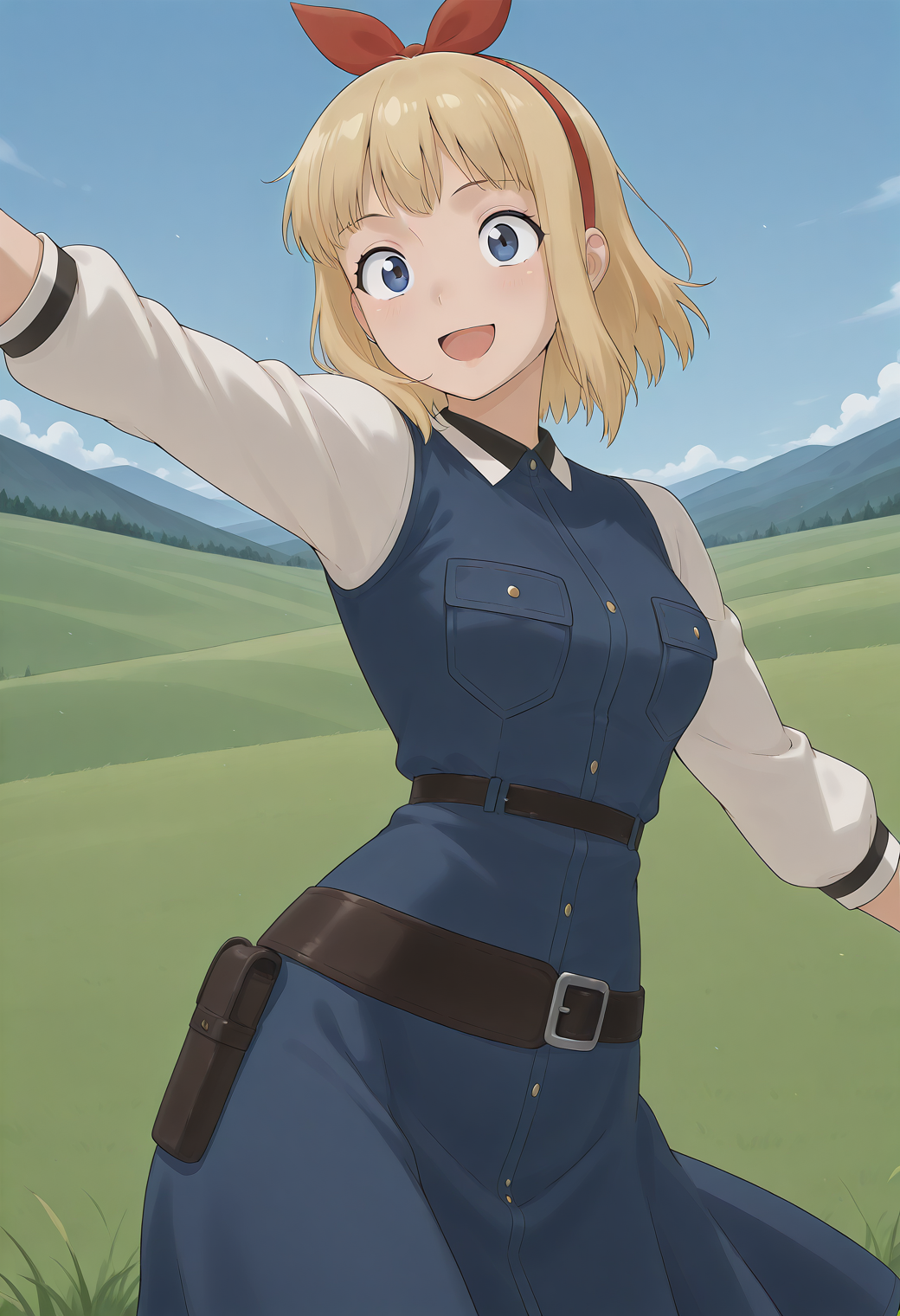 phoebe_oakley, blue eyes, blonde hair, short hair, red hairband, red bow, white shirt, blue dress, long sleeves, belt, <lora:phoebe_oakley_illustrious_ver2:0.8> 
smile, open mouth,, masterpiece, best quality, sensitive,, 1girl, solo, blue sky, (grasslands:1.2), looking at viewer,, (cowboy shot, dynamic pose:1.4),