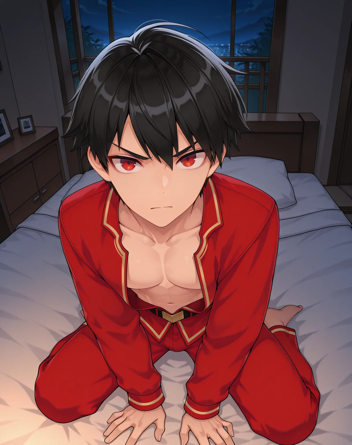 masterpiece,best quality,amazing quality, newest, very aesthetic, absurdres,
1boy, solo, yaoi, male focus, looking at viewer, full body, face focus, lying, on bed,
<lora:Solace_Young_ilxl:1> solaceyoung, black hair, red eyes, short hair,v-shaped eyebrows,
pajamas, open clothes,
indoors, night, dark room, bedroom,