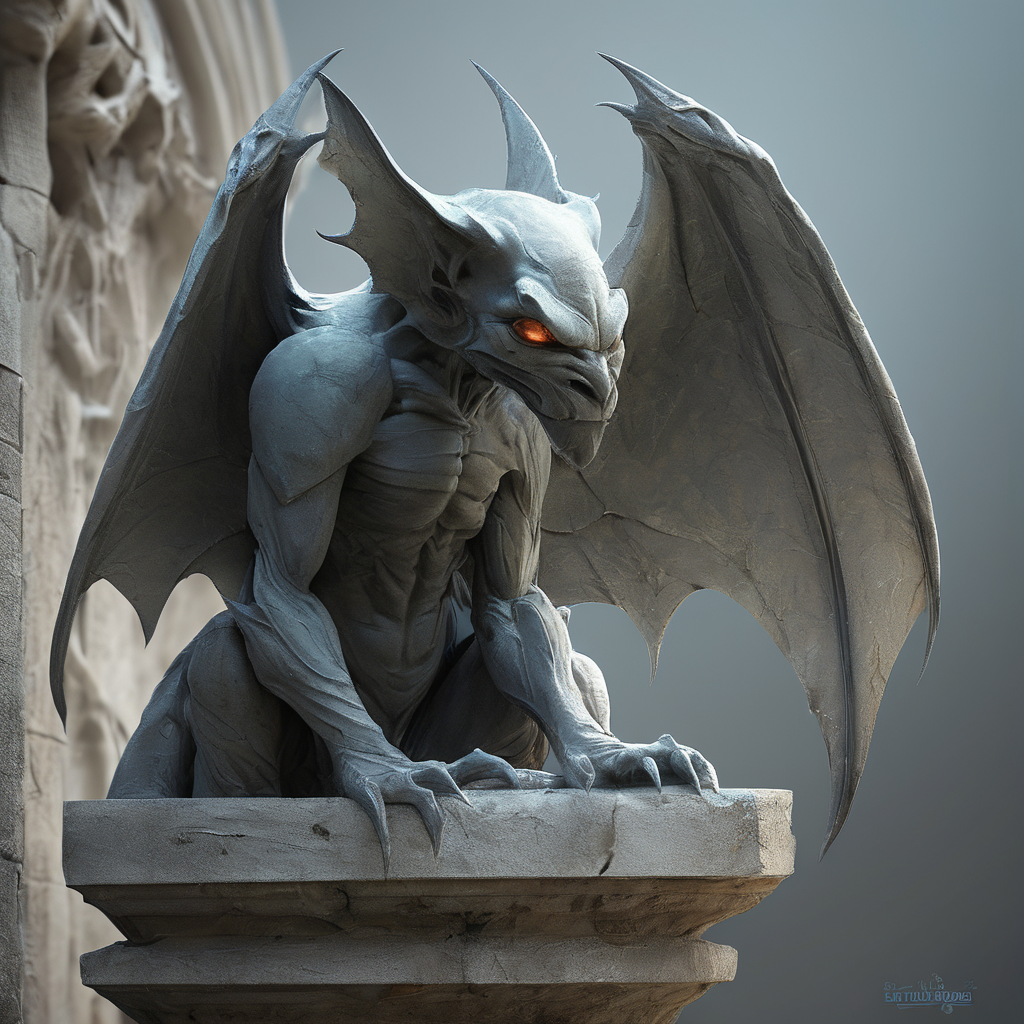 <lora:artfullygargoyle_sdxl_v1:1>,Logo,Gargoyles are magical creatures that were originally created by a very powerful cleric from stone statues. The first gargoyles were terrible winged stone monsters,designed to protect holy places from evil spirits. Still,during a huge magical battle,their inner being was altered and they became fully conscious creatures that have a very high affinity for magic. After centuries of magical modifications and enhancements,gargoyles are nowadays a very much changed race that is not warlike at all but rely entirely upon magic,