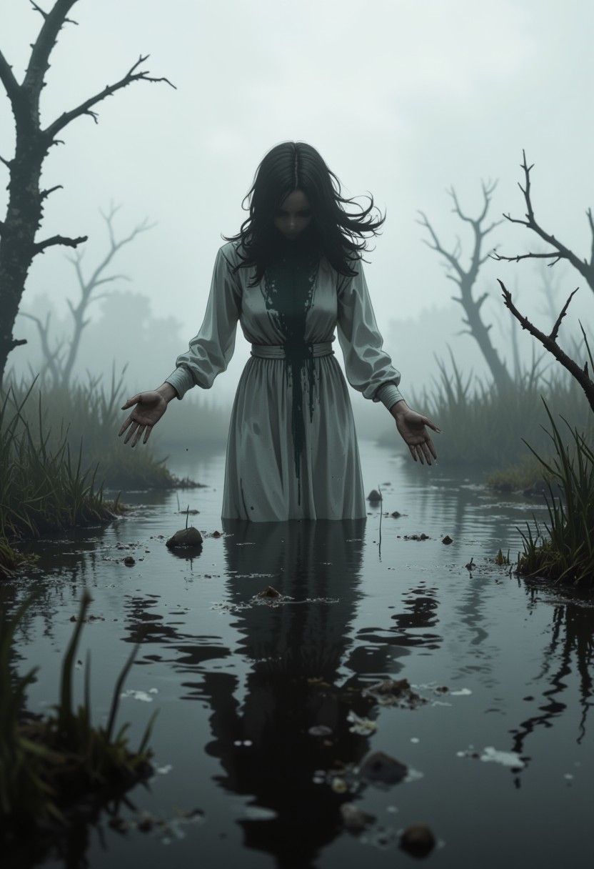 A full shot, from the waist up, of a blurry, ghostly figure seen through a frosted surface. The image is grayscale, with the figure in shades of gray against a misty, swampy backdrop. The figure is central, arms outstretched, leaning forward as if reaching. One hand is dark gray, the other hazy. The edges are irregular and fuzzy, creating a mysterious, uneasy vibe.
The figure is a young woman in a pale white dress, her form distorted and enveloped in a dark, oozing substance. Her face is indistinct, blending into the haze, while her hair flows upward like ethereal tendrils, merging with the misty atmosphere. The swamp around her is shrouded in fog, with gnarled, thorny branches barely visible in the distance. The wet, reflective ground adds a surreal, haunting quality to the scene.
Lighting is diffused, with low-key contrasts between dark and light. The shallow depth of field and wide-angle perspective distort reality, while a slow shutter speed creates a dreamlike blur. The scene evokes quiet desolation, emotional tension, and a sense of something unseen and just out of reach. The overall effect is a blend of horror and surrealism, with a creeping sense of unease.