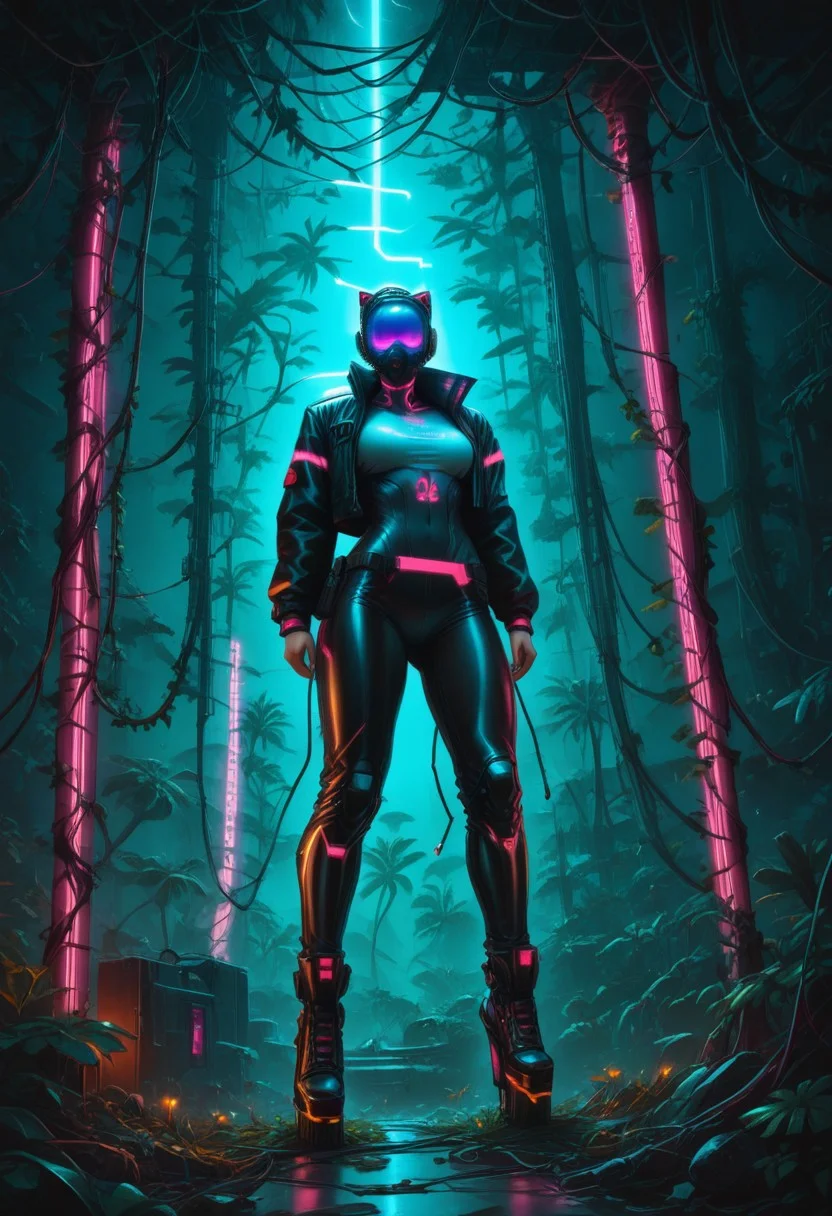 Ultra modern Asian jungle fortress, cyberpunk style, with cyber men and hackers:
Physical characteristics of the fortress:
Massive walls of reinforced metal and glass, with neon lights highlighting the contours.
Grand arches and domes decorated with intricate Asian ornaments and LED lighting in bright neon colors.
Black metal entrance gates with high-tech neon-lit symbols.
Towers with light panels and holographic displays showing information and visualizations.
Background and Environment:
A jungle illuminated by bright neon lighting creating a contrast between the vegetation and the modern architecture.
Tall trees with neon vines and technological facilities integrated into the natural environment.
Sky with stars and neon lights from drones and flying vehicles.
Cyber โโMen and Hackers:
Cybermen: High-tech suits with glowing stripes and LED lighting, masks or goggles with neon lighting, built-in interfaces and gadgets.
Hackers: Leather jackets, cybernetic implants, light accessories, portable computers and holographic displays.
Atmosphere:
Bright neon lighting effects highlighting the details of the fortress and creating a futuristic atmosphere.
Neon colors reflected in the jungle creating a contrast between modern and traditional.
Dramatic moonlight or special lighting for depth and realism