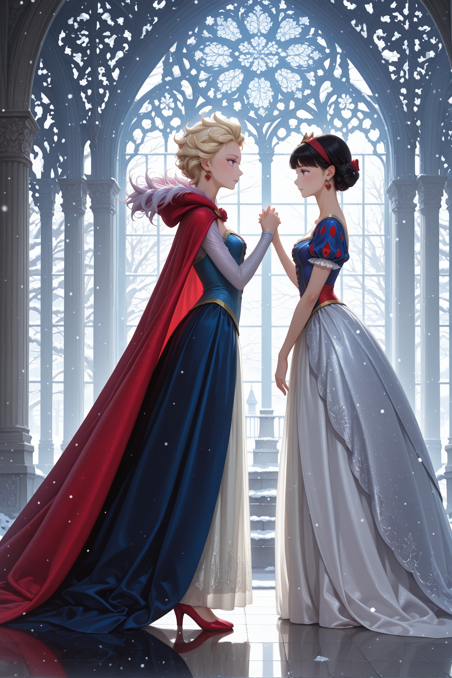 score_9, score_8_up, score_7_up,  2girls, 1girl (Snow White) and 1girl (Elsa), side view, (full bodies in view)
