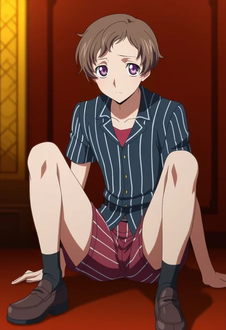 masterpiece, best quality, intricate details, anime screencap, anime coloring, official style,, 1boy, solo, male focus, <lora:rolo_lamperouge_ilxl:0.92>, rolo_lamperouge, brown hair, purple eyes, short hair, aged up, , , Crimson Zigzag Pleated shorts, Pinstripe shirt, Loafers, ,