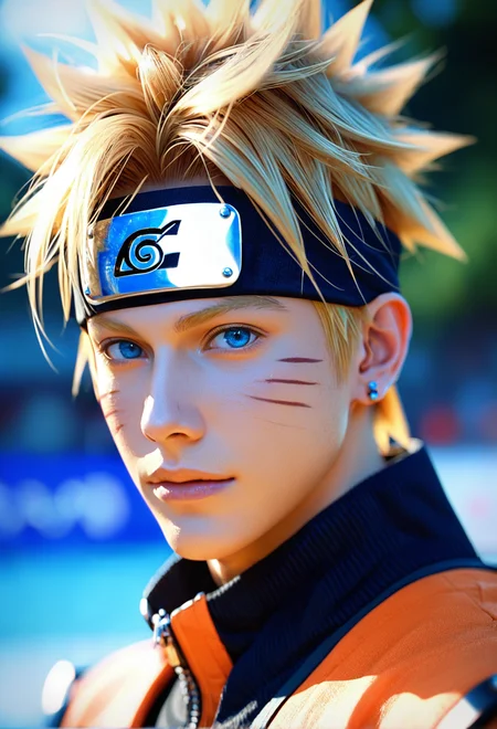 score_9, score_8_up, score_7_up, i want the whole image to be created in 3D anime style, solo, looking at viewer, short hair, blue eyes, blonde hair, long sleeves, 1boy, jewelry, closed mouth, upper body, male focus, earrings, artist name, blurry, blurry background, headband, facial mark, spiked hair, realistic, nose, ninja, forehead protector, konohagakure symbol, uzumaki naruto