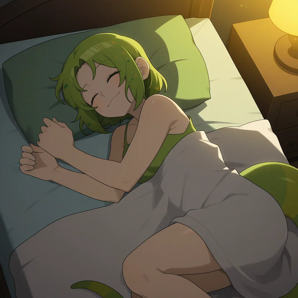 1girl, solo,
absurdres, high quality, masterpiece, anime screencap, 8k, absurd res, cinematic lighting,
detailed face, smile,
lying in bed, night, dark, bedroom, sleeping,
from above,
<lora:ChameleonZero:1> chameleonzero, green hair, green eyes, tail,