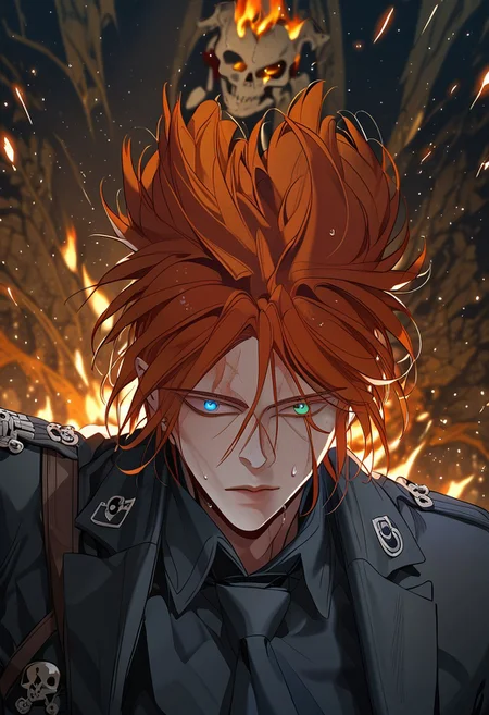 score_9, score_8_up, score_7_up, score_6_up, source_anime, 2d, 1boy, handsome boy, athletic body, manly boy, toned body, toned, male focus, solo, sweat, <lora:Chaos__Hero_Killer__Manhwa__webtoon:1>, Chaos, heterochromia, blue eye, green eye, auburn hair, medium hair, scars all over the body, closed lips, perface face, (perfect face, perfect eyes:1.2), looking at viewer, bishounen, toned male, athletic build, large pectorals, abs, six pack, pecs, cute boy in his mid twenties, nighttime, fire background, lamppost, <lora:warden-ponyxl-lora-nochekaiser_r1:1>, skull hat ornament, uniform, military uniform, black uniform, hat, cap, black cap, armband, collared shirt, black necktie, hand behind back, straight posture, swastikas armband, empty expression