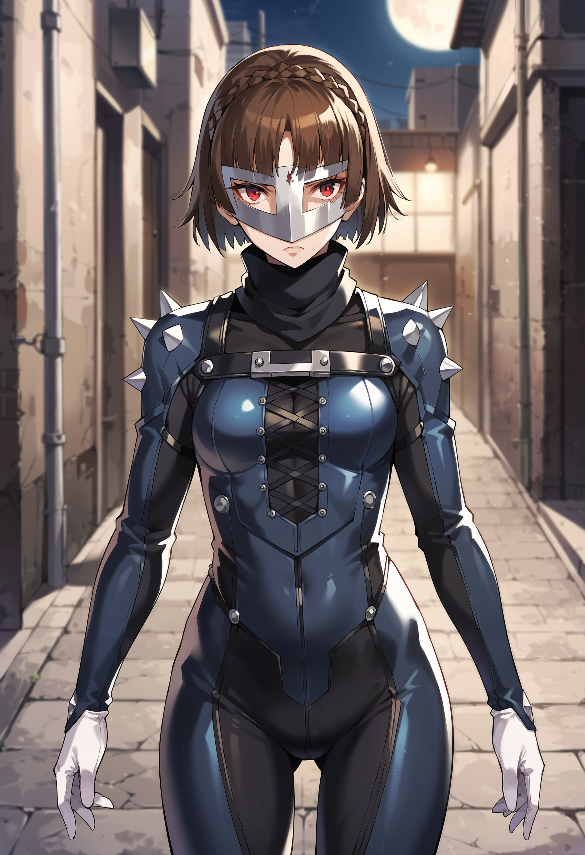 score_9, score_8_up, source_anime
1 girl, solo,
p5makoto, niijima makoto, brown hair, blunt bangs, crown braid, red eyes,
p5makoto-queen, bodysuit, black bodysuit, navy blue bodysuit, spikes, shoulder spikes, white gloves, scarf, black scarf, mask, biker clothes, mask,
outside, cowboy shot, dark, alley, street, streetlight, shadows, full moon, starlight, dramatic pose, fists,
masterpiece, best quality, ultra detailed,