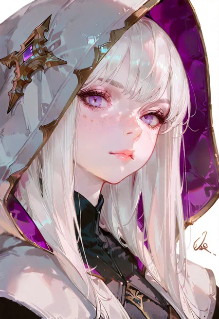 masterpiece, best quality, good quality, very aesthetic, absurdres, newest, extremely detailed, amazing quality, woman, solo, purple eyes, white hair, looking at viewer, freckles, long hair, hood, portrait, signature, hood up, pale skin, closed mouth, lips, bangs, fantasy, DarkFantasy, usnr