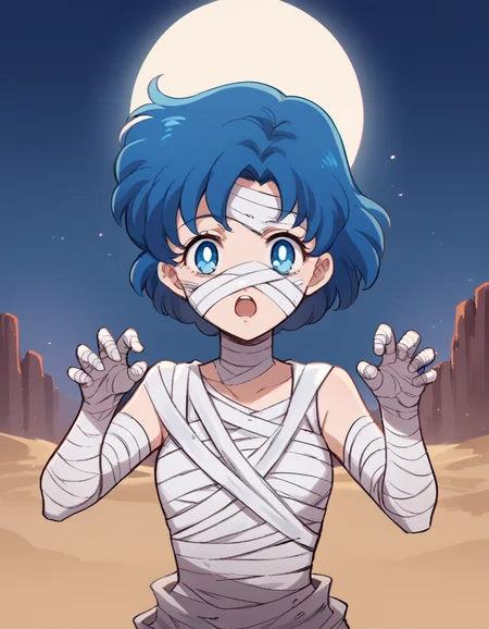 score_9, score_8_up, score_7_up, source_anime, <lora:ami-mizuno-eternal-movie1-ponyxl-lora-nochekaiser:1>, ami mizuno, blue eyes, blue hair, short hair, parted bangs,, <lora:mummy-costume-ponyxl-lora-nochekaiser:1>, mummy costume, bandages, halloween costume, bandaged arm, zombie pose, bandage on face,, desert, moon, night, open mouth,, cowboy shot