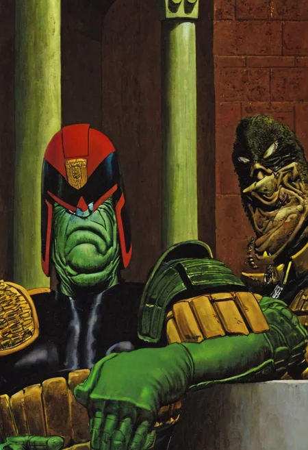 Judge Dredd busts Tharg The Mighty, close up, best quality, highres, high detail, sharp, fine art, jdgdrddcom, donmartin style, by donmartin, by don martin, hinged foot, martinwalkstyle