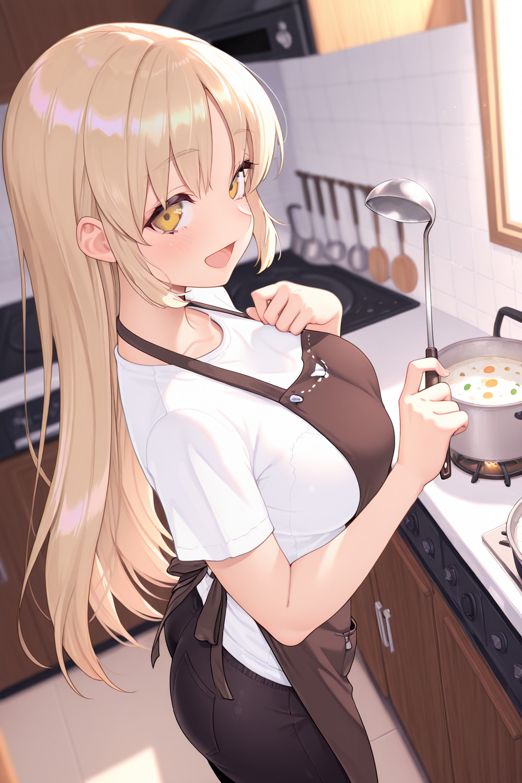 1girl, SisterClaireNijisanji,
safe, solo, dynamic angle, from side,
brown apron, white t-shirt, breasts, pants,
\:D,
holding ladle, hand up, hand on own chest,
depth of field, indoors, kitchen, pot, white stew, 
<lora:kp_SisterClaireNijisanji1stCostumeIllustrious_v1_0:1.0>,
masterpiece, best quality, amazing quality