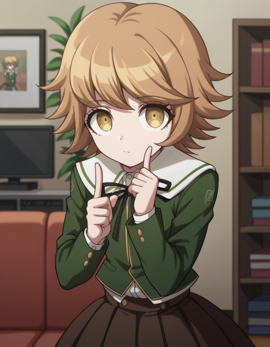 score_9, score_8_up, score_7_up, source_anime, <lora:chihiro-fujisaki-s1-ponyxl-lora-nochekaiser:1>, chihiro fujisaki, short hair, bangs, brown hair, brown eyes, male focus, otoko no ko,, skirt, shirt, long sleeves, ribbon, school uniform, jacket, pleated skirt, black ribbon, neck ribbon, brown skirt, green jacket,, living room, video game, controller, competitive, fun, afternoon, , looking at viewer, hand pointing index finger, solo,, cowboy shot, dutch angle
