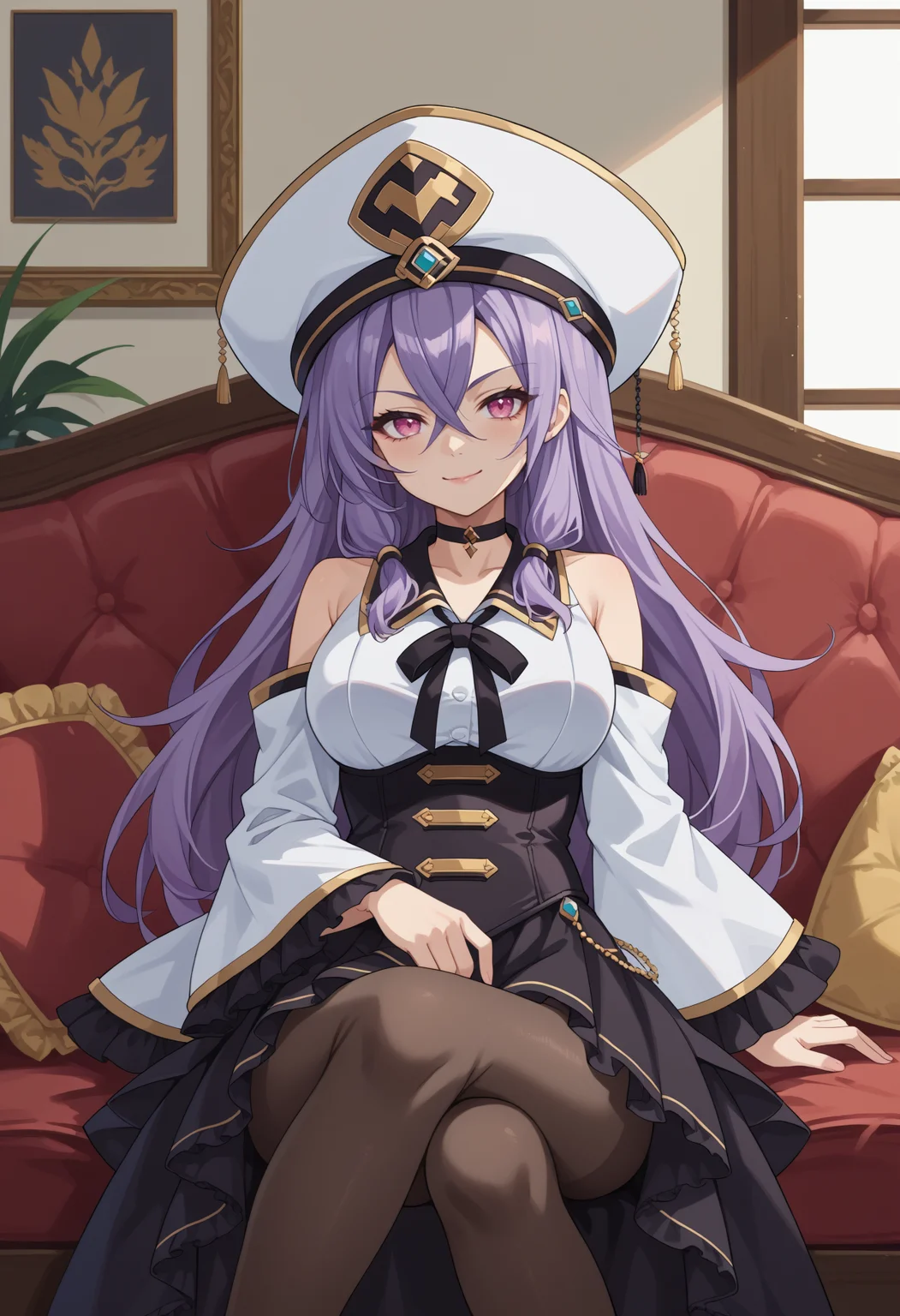 score_9, score_8_up, source_anime, 1girl, solo, TakamatsuShiera, pink eyes, purple hair, long hair, hair between eyes, white hat, black choker, white shirt, detached sleeves, wide sleeves, black neck ribbon, black corset, black skirt, frills, black pantyhose, indoors, sitting, on couch, smile, <lora:ChamTakamatsuShieraPonyXL:1>