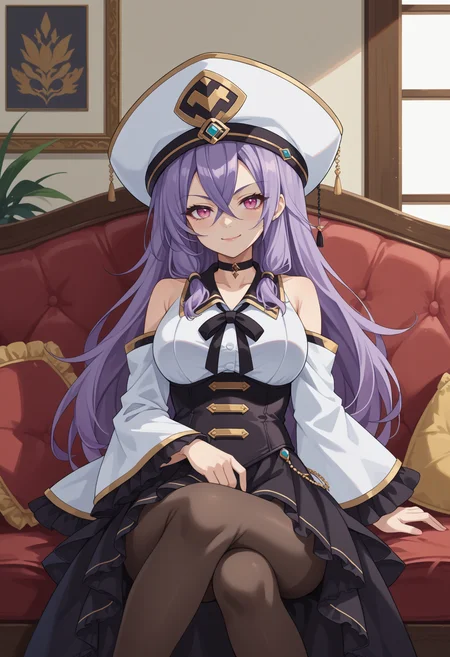 score_9, score_8_up, source_anime, 1girl, solo, TakamatsuShiera, pink eyes, purple hair, long hair, hair between eyes, white hat, black choker, white shirt, detached sleeves, wide sleeves, black neck ribbon, black corset, black skirt, frills, black pantyhose, indoors, sitting, on couch, smile, <lora:ChamTakamatsuShieraPonyXL:1>