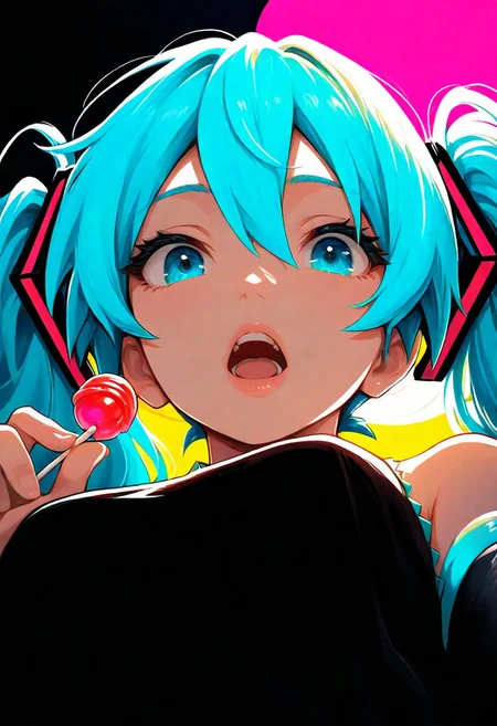 1girl, hatsune_miku, teeth, lips, thin lips, solo, looking at viewer, open mouth, holding lollipop, chupa chups, upper body, from below, back lighting, dark, multicolored background, masterpiece, best quality, very aesthetic