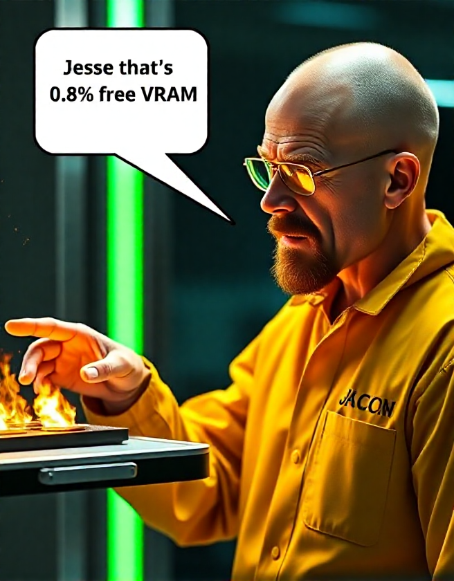 breaking bad walter white looking to the left white pointing at a tray with a few glowing memory rams gpu melting fire burn, a speech bubble coming out of his mouth saying "Jesse that's 0.08% pure free VRAM", film grain, accurate tv show depiction, breaking bad, 100% accurate, wearing the yellow lab suit, chromatic aberration, film grain