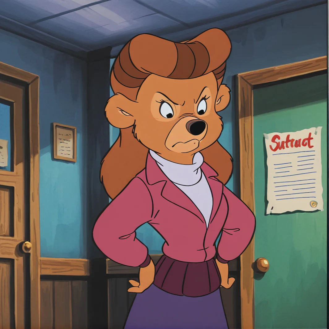 rebecca cunningham , 1girl, solo, skirt, jacket, frown, furry, hands on hips, bear girl, brown fur, brown hair, body fur, furry girl, (masterpiece), (best quality), (ultra-detailed), amazing quality, very aesthetic, illustration, perfect composition, intricate details, absurdres, incredibly absurdres, indoors, <lora:rebecca_cunningham_illustrious:1>, black eyes, retro artstyle,