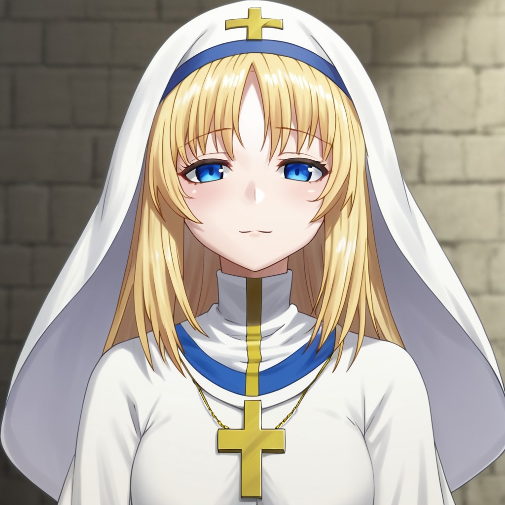 mana_sk style, 1girl, solo, woman, blonde hair, white toga, holy, priestess, very beautiful, portrait, focus on face,