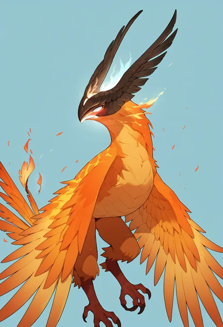 score_9, score_8_up, score_7_up, score_6_up, score_5_up, score_4_up, 1girl, <lora:PhoenixDota2:0.85> no humans, wings, bird, fire, glowing, standing, upper body, feral, blush, talons, tail feather,
light blue background,