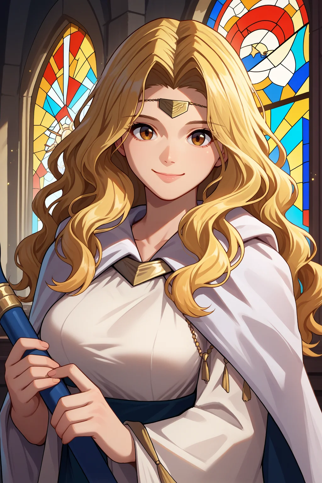 score_9, score_8_up, score_7_up, score_6_up, source_anime, 1girl, solo, <lora:feedain-pdxl-nvwls-v1-000005:1> fe4edn, blonde hair, wavy hair, long hair, brown eyes, circlet, white dress, long sleeves, cape, big breasts, indoors, stained glass, upper body, portrait, looking at you, smile, holding staff, happy, closed mouth